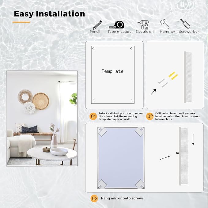 24x30 Inch Nickel Bathroom Mirror for Wall, Aluminum Frame Rectangle Rectangular Vanity Mirror, Modern Large for Bedroom, Living Room, Horizontal or Vertical
