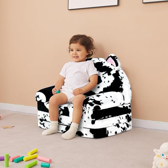 Toddler Chair with Faux Rabbit Fur – 2-in-1 Foldable Kids Couch, Soft Sofa for Reading, Napping, Bedroom or Playroom Use, 18 Months+ （Cow & Cat）