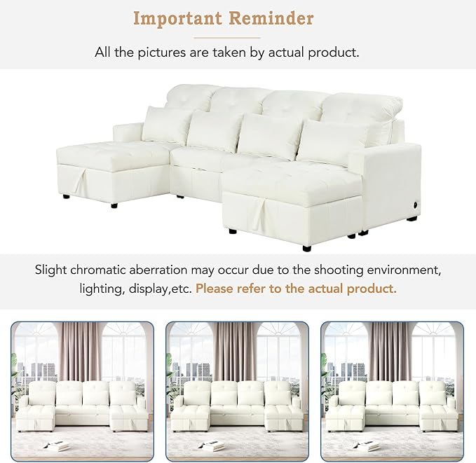 Ball & Cast 110.2" Oversized Versatile Sectional Sleep Sofa with Two USB Ports,U-Shape 4 Seat Pull-Out Couch w/Double Storage Chaise Lounges,for Living Room,Apartment,Office,Beige