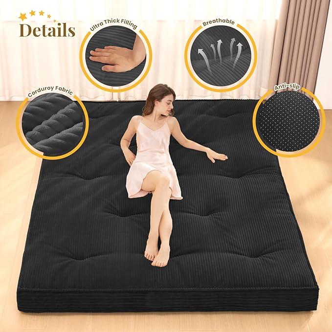 Japanese Floor Mattress, 4" Thicken Futon Mattress Full Size Sleeping Pad, Corduroy Foldable Mattress Pad Roll Up Tatami Mat Floor Mattress for Adults（Black）