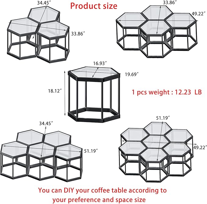 Coffee Table Glass Modern Coffee Table, Hexagon Free Combination Glass Center Table Small End Tables with Metal Frame for Living Room Set of 1