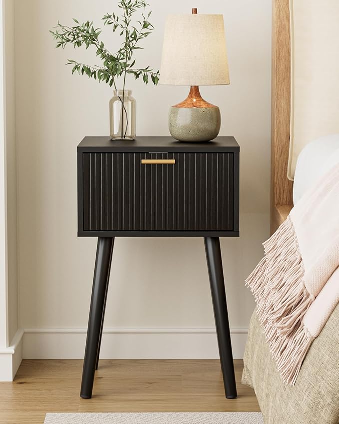 Night Stand, Black Nightstand with Fluted Door, Small Modern Mid-Century Bedside Table for Bedroom, End Table for Living Room