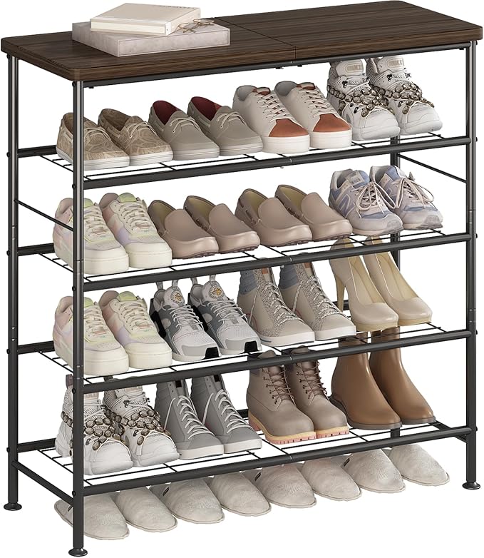 Shoe Rack Organizer 5 Tier for Closet Entryway Free Standing Metal Storage Shoe Shelf with MDF Top Board，Black+Rustic Brown