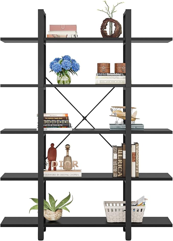 Tribesigns 5-Tier Bookshelf, Vintage Industrial Style Bookcase 72 H x 12 W x 47L Inches, Black