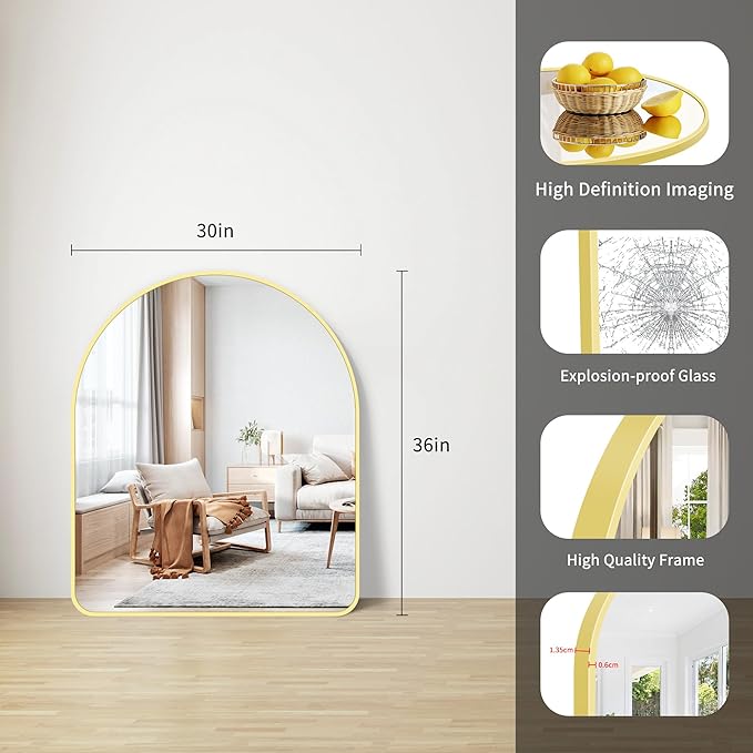 FORBATH Arched Bathroom Mirror 30x36 Inch, Arch Wall Mirror with Gold Aluminum Frame, Arched Mirror for Dresser, Fireplace,Entryway,Home Decor,Hanging or Leaning Against Wall