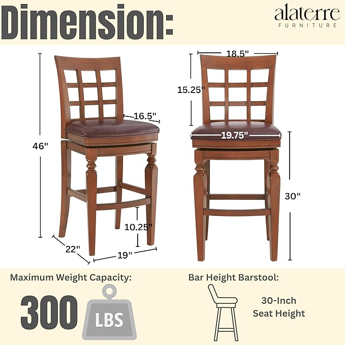 Alaterre Furniture Napa Bar Height Swivel Stool with Back – Faux Leather Upholstered Seat Barstool with Memory Return, Turned Wood Legs, Lattice Back Design, and Metal Kick Plate for Kitchen Islands