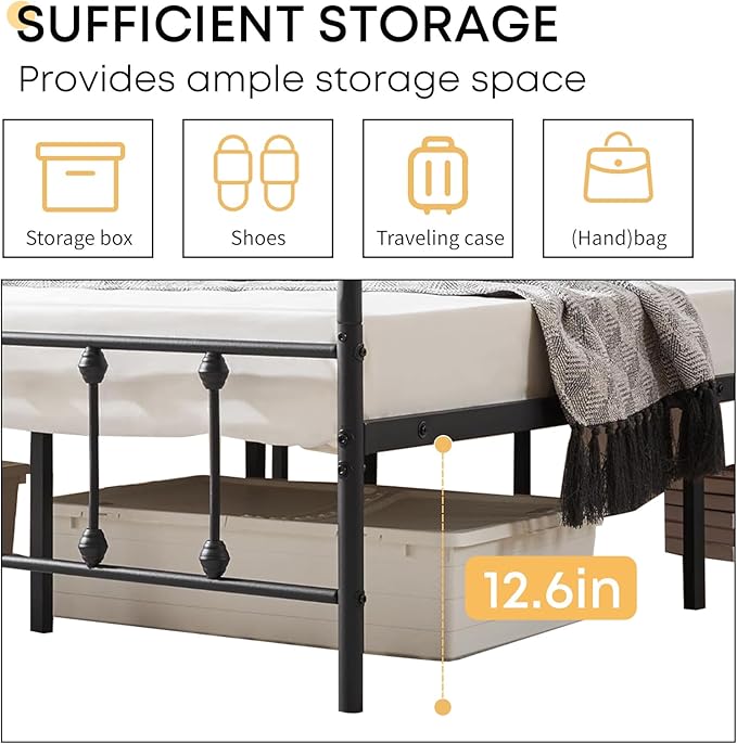 Twin Bed Frame-Classic Metal Platform Bed Frame Mattress Foundation with Victorian Style Iron-Art Headboard/Footboard/Storage Space/No Box Spring Needed/Black