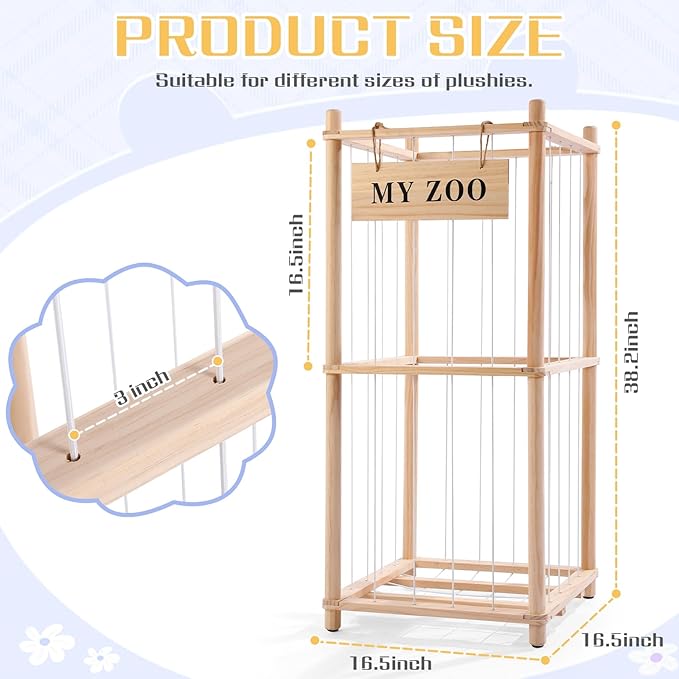 Stuffed Animal Storage Zoo, Wooden Stuffed Animal Organizer with Elastic Cords for Boys Girls, Space Saving Toy Plushies Storage Holder for Playroom, Bedroom, Living Room (Burlywood, Small)