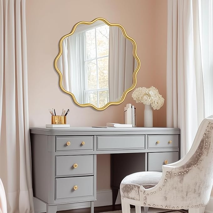 PROHOMEWARE Gold Round Mirror 28 Inch Wavy Bathroom Vanity Mirror Gold Frame Modern Wall Mirror Decorative Wall-Mounte Anti-Rust, Tempered Glass