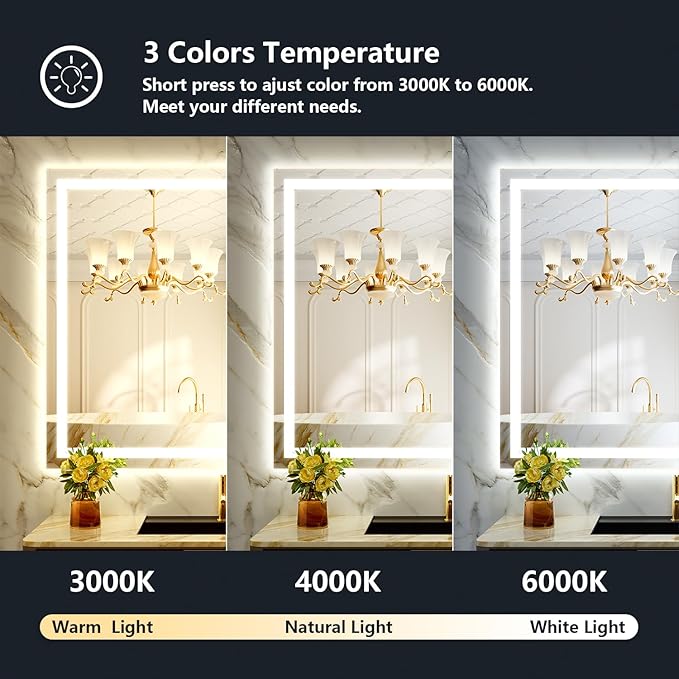 50x32 Inch LED Bathroom Mirror with Lights Front and Backlit Lighted Vanity Mirror for Bathroom Wall with 3 Colors Dimmable Anti-Fog Memory Shatter-Proof IP54 Waterproof Horizontal/Vertical