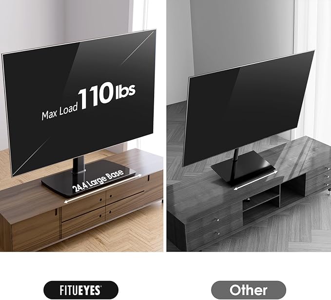 FITUEYES Universal TV Stand Mount for 43-80 85 inch TVs, Swivel Tall TV Mount Stand, Table Top TV Stand Base Replacement, Height Adjustable TV Table Stand, Glass Base, Max Holds 110lbs