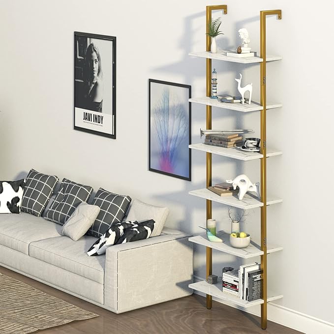 Ladder Shelf 6 Tiers Marble White Modern Bookshelf Open Tall Wall Mount Bookcase Standing Leaning Wall Shelves Industrial Decorative Living Room Bed Room