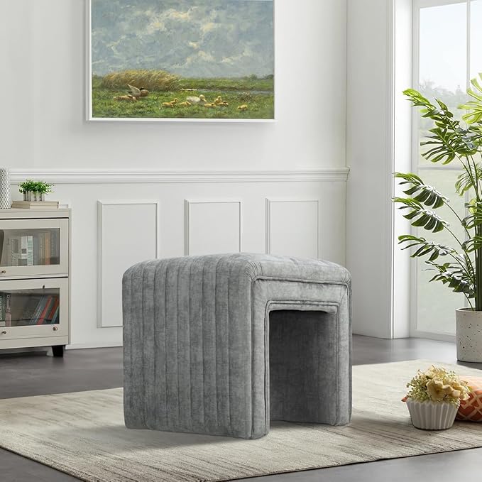Get Set Style Vanity Stool Chair,Modern Velvet Ottoman Foot Stool with Wooden Legs Sofa Bench Footstool Extra Seat for Vanity,Makeup Room,Living Room,Entryway,Office (Fully Assembled)