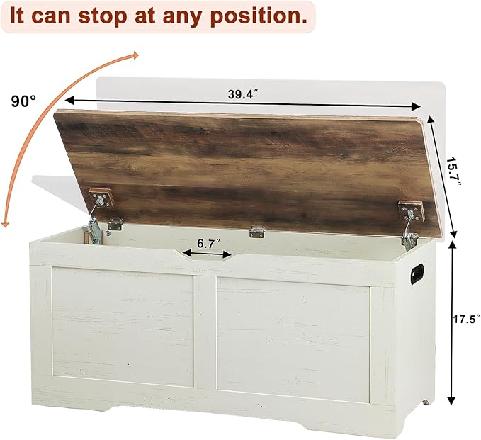39.4" Storage Chest, Wooden Storage Bench, Lift Top Toy Chest with 2 Safety Hinges, Large Toy Box, Entryway Bench for Living Room, Bedroom, Brown and Rustic White