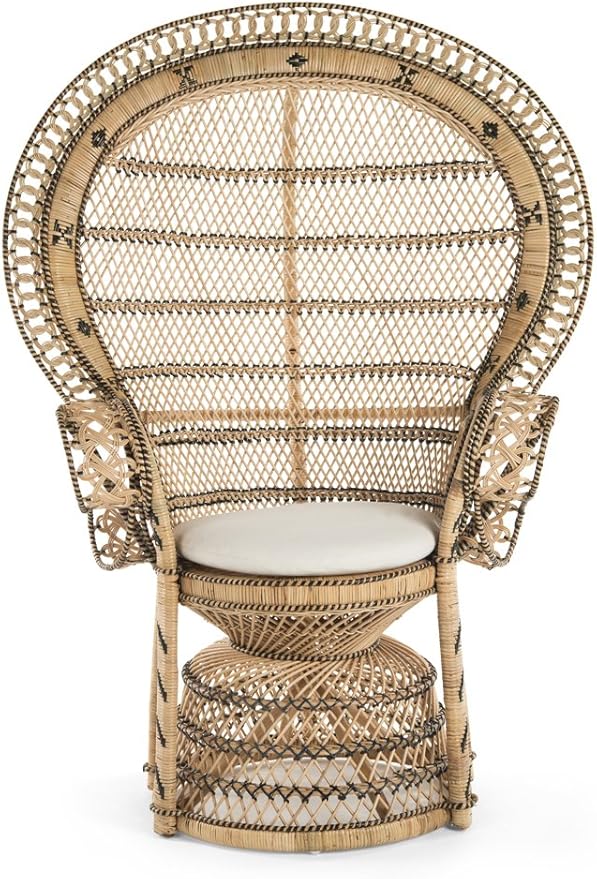 KOUBOO Grand Pecock Retro Peacock Chair in Rattan with Seat Cushion, Natural Color, Large