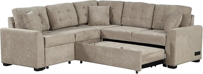 82" Convertible Sleeper Sofa with Pull-Out Bed,L-Shape Chaise Couch W/USB Ports & Power Sockets,Space Saving,Easy Assembly,Modern Corner Reversible Furniture Set for Living Room,Khaki Velvet