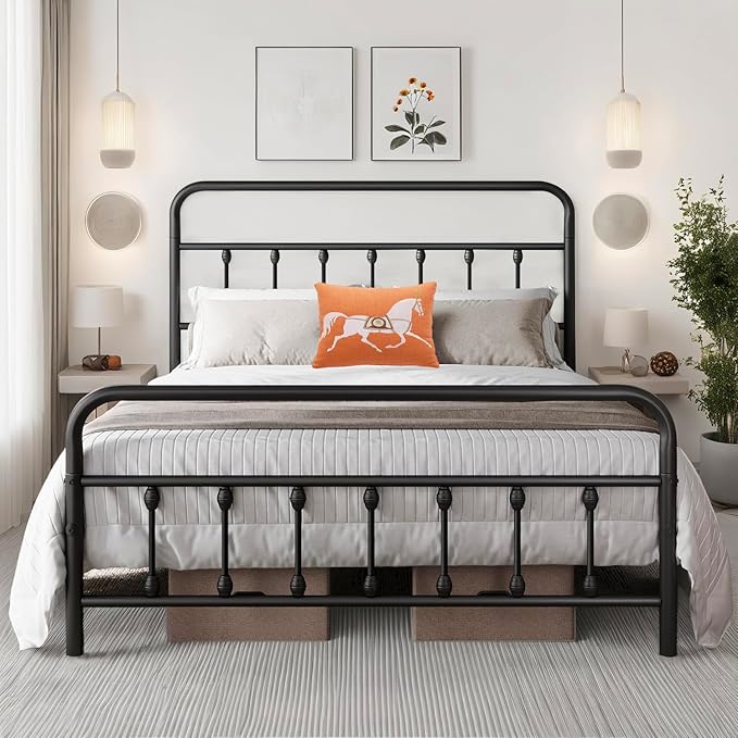 Full Size Bed Frame-Classic Metal Platform Bed Frame Mattress Foundation with Victorian Style Iron-Art Headboard/Footboard/Under Bed Storage/No Box Spring Needed/Black
