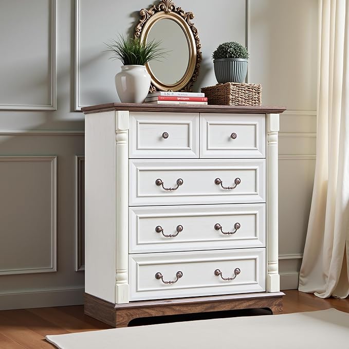 31.5" Farmhouse Sideboard Buffet Cabinet with Storage, Kitchen Buffet Storage Cabinet with 5 Drawers, Modern Wood Accent Sideboard for Living Room, Kitchen, Hallway(Antique White)