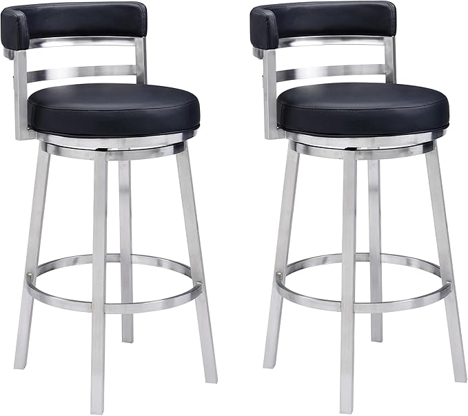 Armen Living Madrid 26" Seat Height Swivel Modern Black Faux Leather and Brushed Stainless Steel Bar Stool for Kitchen Island Counter, Set of 2