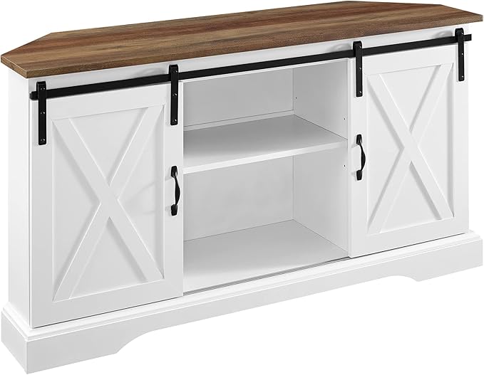 Walker Edison Everette Modern Farmhouse Double Sliding X Barn Door Stand for TVs up to 58 Inches, 52 Inch, Reclaimed Barnwood and Solid White