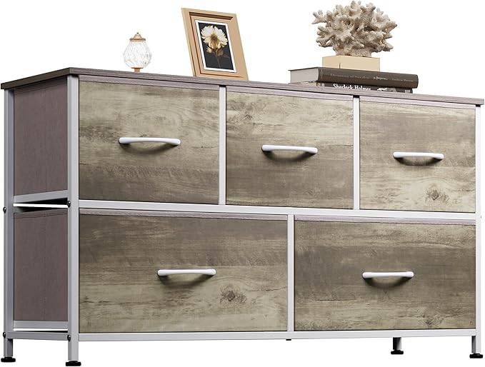 WLIVE Dresser for Bedroom with 5 Drawers, Wide Chest of Drawers, Fabric Dresser, Storage Organizer Unit with Fabric Bins for Closet, Living Room, Hallway, Greige Oak