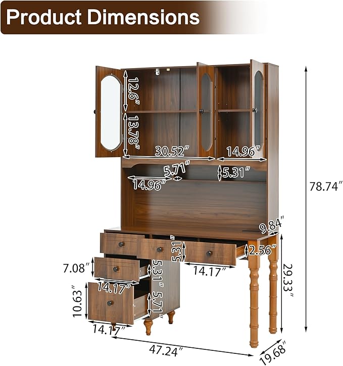 Merax 47'' Executive Desk with Charging Station and Hutch, Home Office Desk with 5 Drawers and Glass-Door Bookshelf, Retro Computer Desk for Study, Bedroom Office Furniture, Walnut