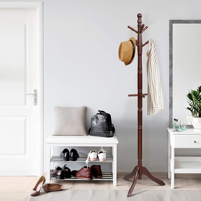 Tangkula Wood Coat Rack Freestanding, Entryway Height Adjustable Coat Stand with 9 Hooks & Stable Tri-Legged Base, Rubber Wood Coat Tree Hall Tree Coat Hanger Stand for Home Office Hall Entryway