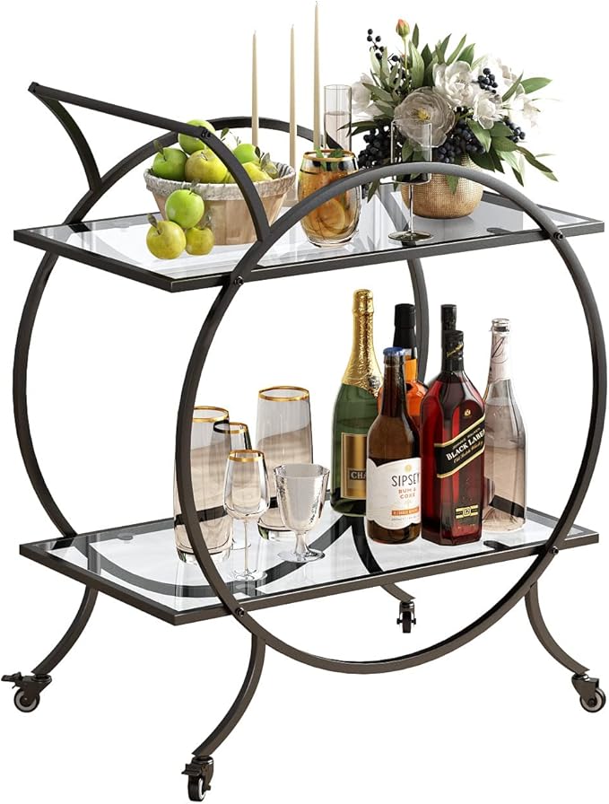 Industrial Bar Carts for The Home Bar Serving Cart, Rolling Bar Cart Black with Lockable Caster Wheels, Glass Bar Carts with 2 Mirrored Shelves, Storage Wine Carts for Kitchen, Party
