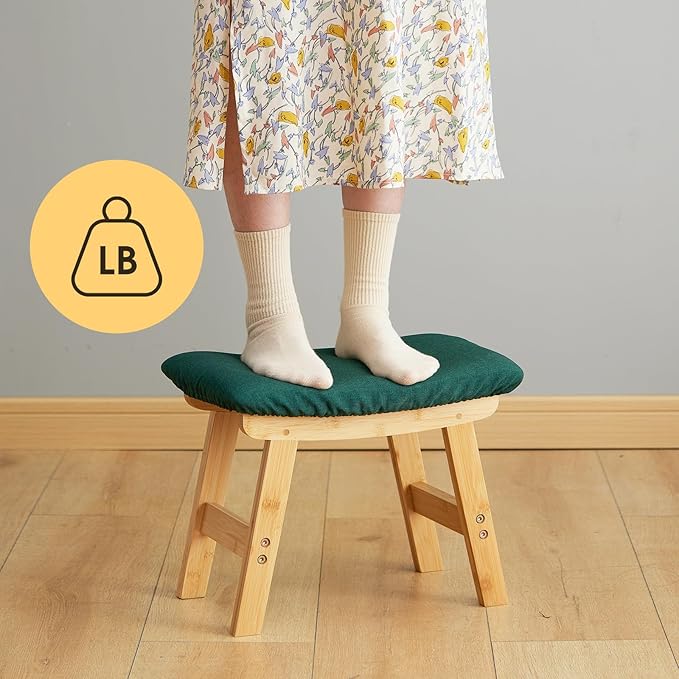 Foot Stool Ottoman Foot Rest Under Desk,Small Stool for Living Room, Bedroom and Kitchen (Natural Legs - Green Stool Surface)