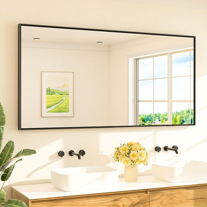 TETOTE Matte Black Beveled Framed Bathroom Mirror 72" x 36" Large Black Rectangle Metal Vanity Wall Mirror for Bathroom Sink, Modern Farmhouse, Tempered Glass, Shatterproof, Stronger Frame