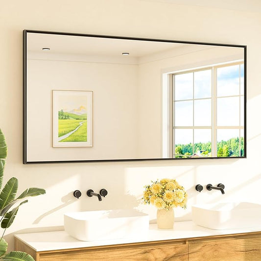 TETOTE Matte Black Beveled Framed Bathroom Mirror 72" x 36" Large Black Rectangle Metal Vanity Wall Mirror for Bathroom Sink, Modern Farmhouse, Tempered Glass, Shatterproof, Stronger Frame