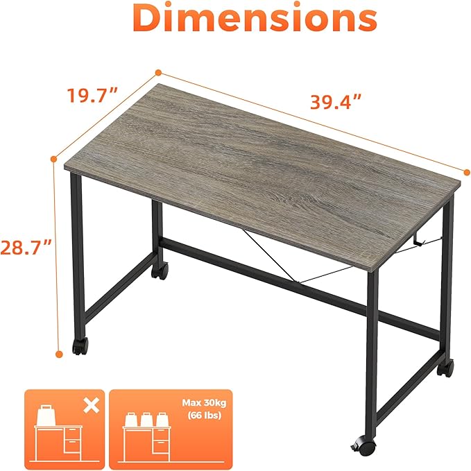 Rolling Computer Desk with Wheels, Gaming Desk for Small Spaces, Modern Simple Style Table for Home Office, Study Writing Table (Caster, Stone Gray, 40 inch)