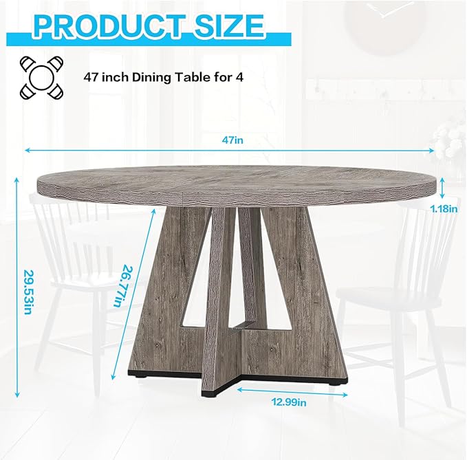 47" Round Dining Table for 4-6, Modern Dinner Table Farmhouse Round Small Kitchen Tables with Wooden Cross Base for Dining Room, Kitchen, Living Room, Gray