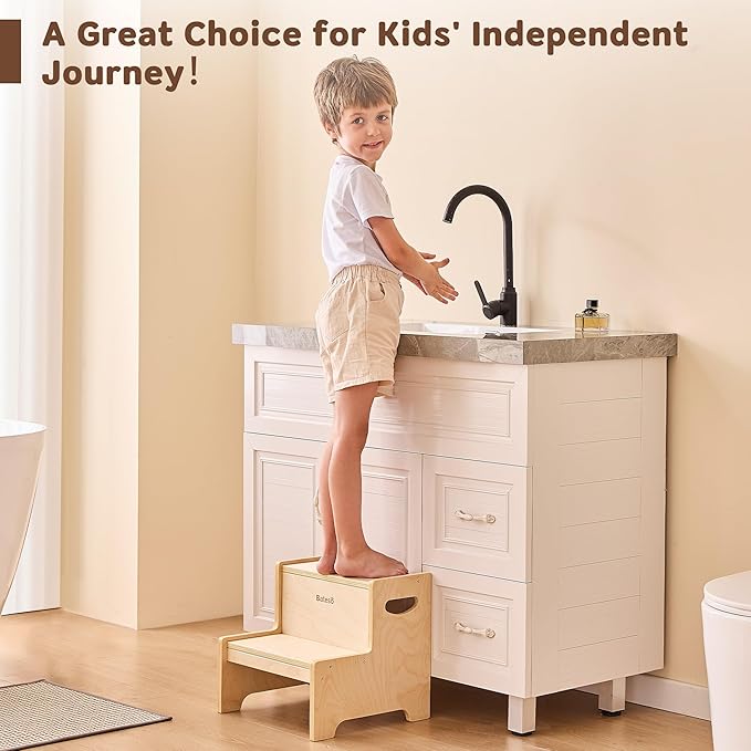 Step Stool for Kids, Wooden Toddler Step Stool with Non-Slip Mats for Bathroom Sink and Kitchen, Potty Training Stool with Handles for Toilet
