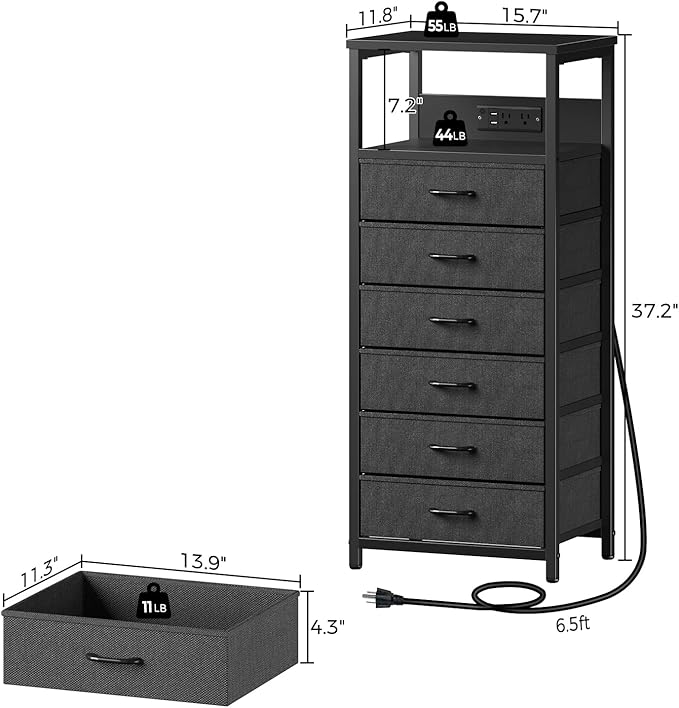 Seventable Night Stand with Charging Station, Tall Nightstand with 6 Fabric Storage Drawers, Side Table with LED Light for Bedroom, Entryway, Black