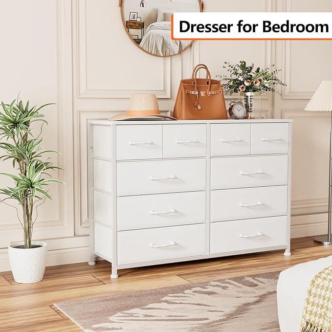 Furnulem Bedroom Dresser White for 55”Long TV Stand Entertainment Center Dressers & Chests of Drawers,10 Storage Fabric Drawer, Sturdy Metal Frame Tall Storage Cabinet for Living Room, Entryway