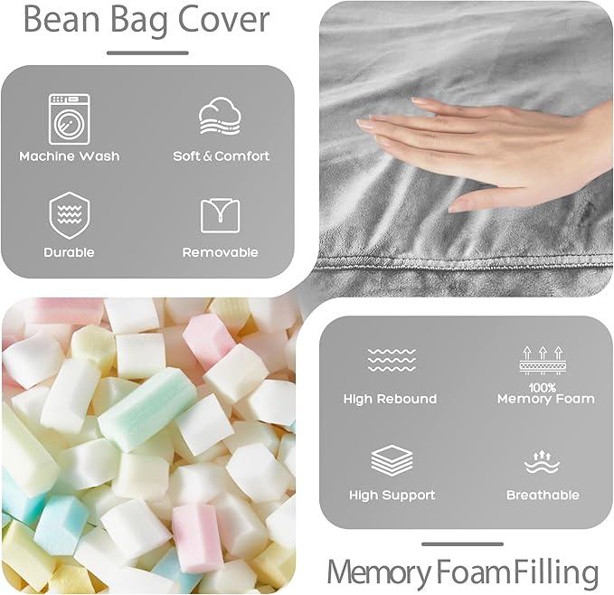 HABUTWAY Bean Bag Chair: Giant 4' Memory Foam Furniture Bean Bag Chairs for Adults with Microfiber Cover 4Ft (Light Grey)