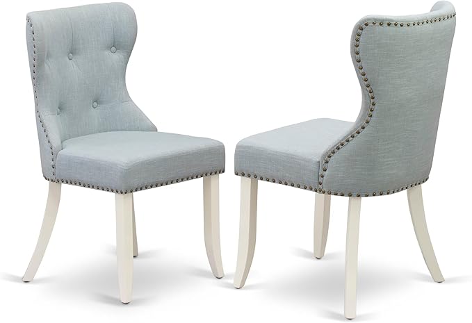 East West Furniture AMSI3-LWH-15 3 Piece Dining Table Set for Small Spaces Contains a Round Kitchen Table with Pedestal and 2 Baby Blue Linen Fabric Parsons Chairs, 36x36 Inch, Linen White