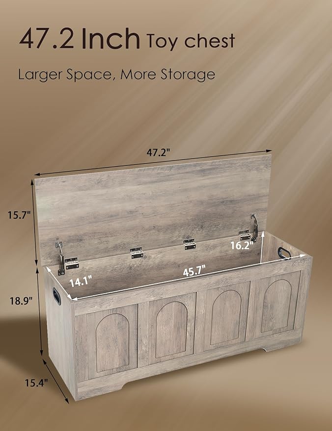 DINZI LVJ Storage Chest, 47.2”Wooden Storage Box with 2 Safety Hinges, Entryway Storage Bench with Flip-Top, Large Trunk for Living Room, Bedroom, Easy Assembly, Greige