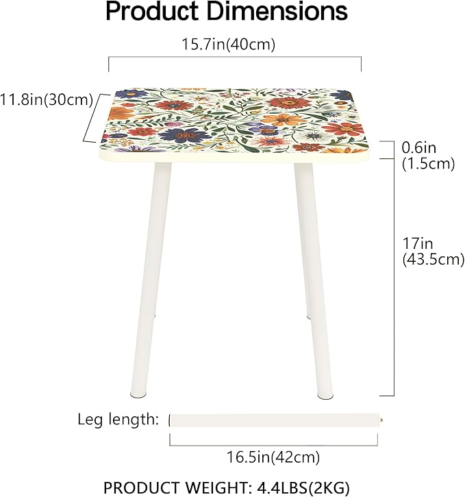 Mandala Small Rectangle End Table, Side Table with Black Flowers Finish, Retro Modern Small Coffee Table for Balcony, Living Room(11.8" D x 15.7" W x 17" H, White, Rectangle)