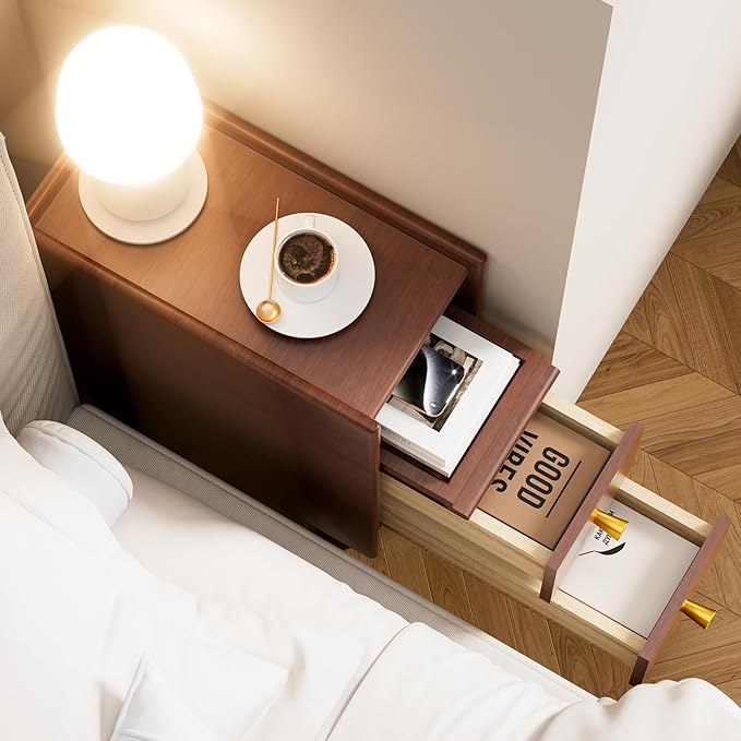 Huolewa Narrow Nightstand with 2 Drawers - Solid Wood Narrow Side Table with Open Shelf for Small Spaces, Couch, Bedroom, Living, Office - Small Bedside Table, End Tables (Walnut, 7.87 inch)