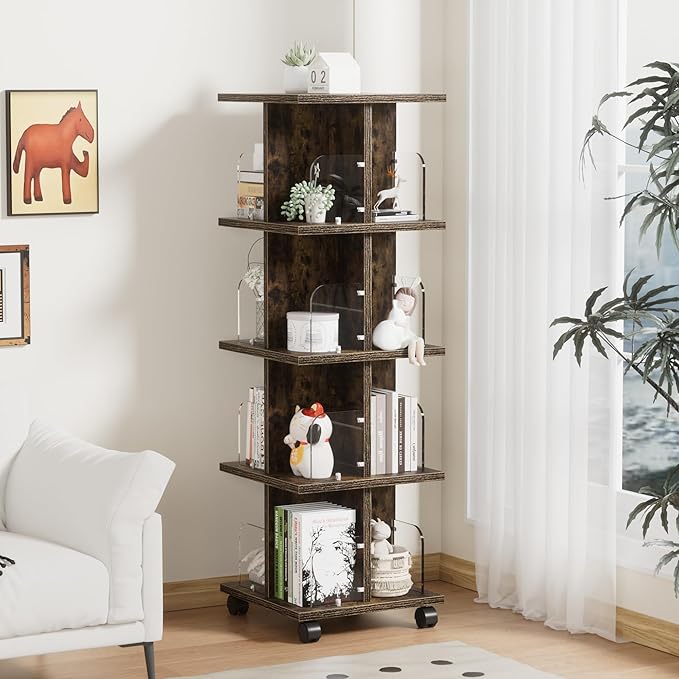 VECELO Rotating Bookshelf with Brake Wheels, 4 Tier Revolving Bookcase, 360° Corner Display Shelf for Kids, Narrow Rolling Bookshelves for Small Space, Corner, Bedroom, Office, Brown