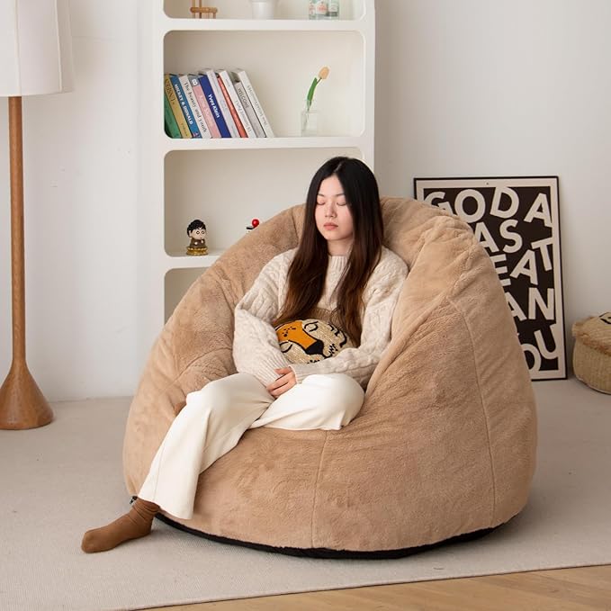 N&V Large Shell Bean Bag Chair, Adult Size Bean Bag Sack, Foam Filling, Includes Removable and Machine Washable Cover, 40in, Soft Faux Fur, Brown