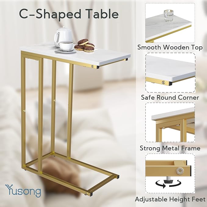 Yusong C Shaped End Table, Couch Side Table That Slide Under Sofa Bed, Small Table for Small Spaces, Skinny Overbed Table for Coffee Drink Snack, Living Room, Gold and White Marbled Wooden Top