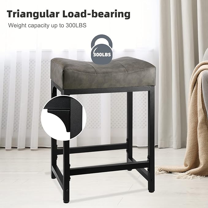 Counter Height Bar Stools Set of 2, 24 Inch Stools for Kitchen Counter with Thick Saddle Seats and Barstools Metal Frame, Modern Backless Counter Height Stool for Kitchen Island Bar Grey