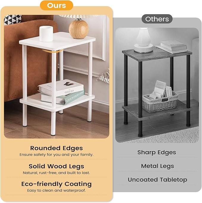 Apicizon 2 Tier End Table Set of 2, Small Side Table with Solid Wood Legs, Boho Bedside Table with Storage Shelf, Nightstand for Small Spaces, Bedroom, Living Room, Entryway, Easy Assembly, White