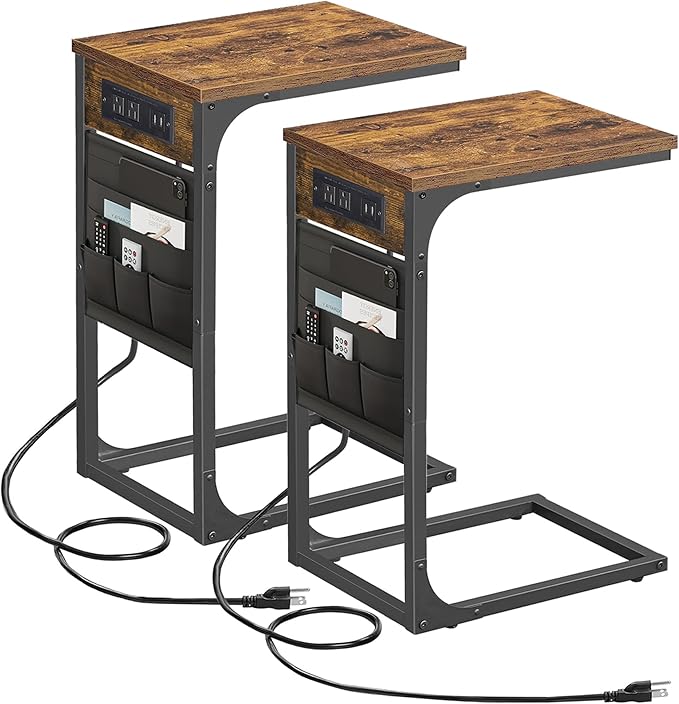 TUTOTAK C Shaped End Table with Charging Station, Side Table for Sofa, Couch with Storage Bag, Set of 2, TV Tray with 2 USB Ports and Outlets for Living Room, Bedroom, Brown TB01BB0242
