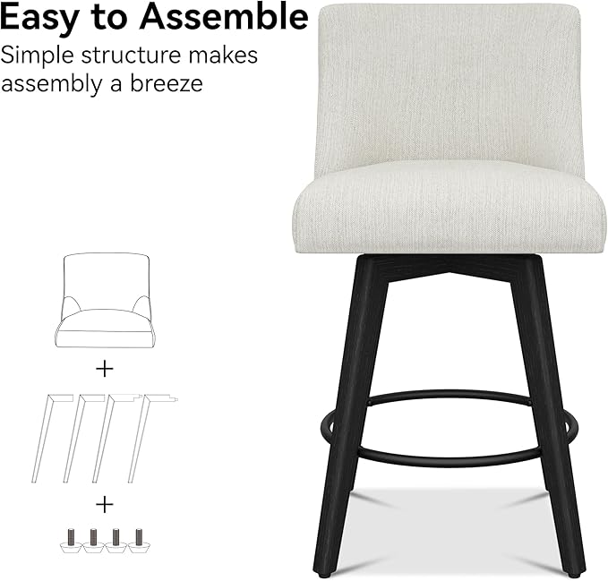 Counter Height Bar Stools Set of 6, Modern Swivel Barstools with Back and Wood Legs, Linen Fabric Upholstered Bar Chairs, 26" H Kitchen Counter Stools, Kitchen Island Home Bar, Ivory