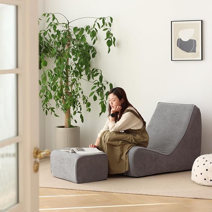 N&V Bean Bag Chair Single Seated Foam Sofa Armless Floor Sofa with High Density Foam Removable and Machine Washable Cover (Grey, Large, No Stripes)