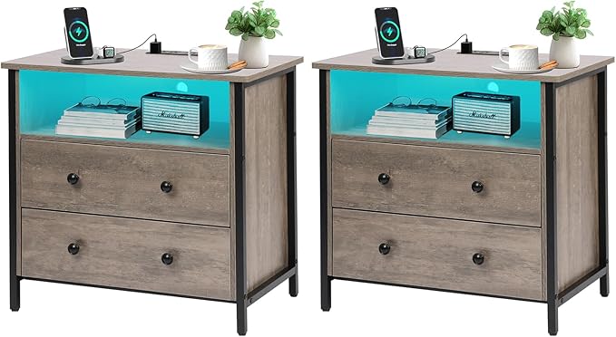 27 Inch Wide Night Stand, Lrage Wood Night Stand Set 2 with 2 Drawers, LED Nightstand with Charging Station and Adjustable Drawer, Bedside Table for Living Room/Bedroom/Study/Office, Gray.